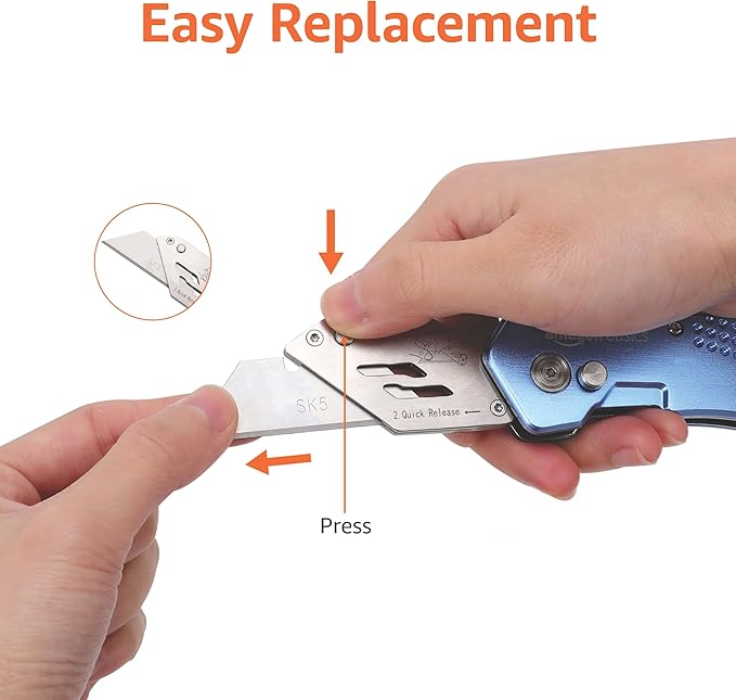 Amazon Basics Folding Utility Knife, Lightweight Aluminum Body with Holster, Light Blue