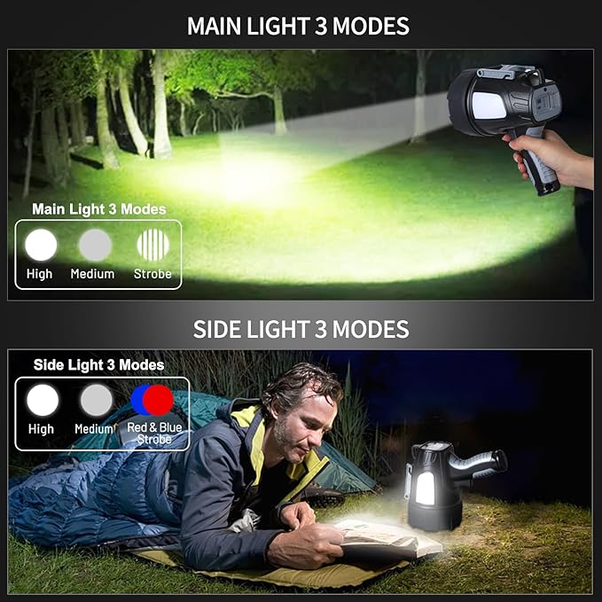 Rechargeable Spotlight Flashlight, 99,000 Lumen Super Bright Led Spotlight with 6 Modes & Foldable Tripod, Powerful Spot Light 30H Long Runtime, Handheld Spot Light for Outdoor Boating Hµnting