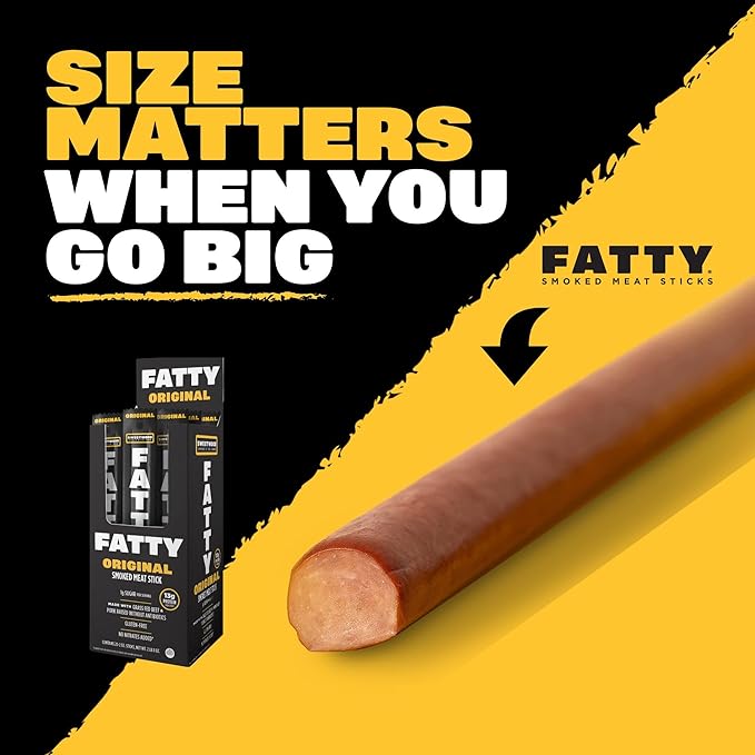 FATTY Meat Sticks, Made with Grass Fed Beef, Pork Raised Without Antibiotics, 13g Protein Per Stick, Original, 2 oz. (Pack of 5)