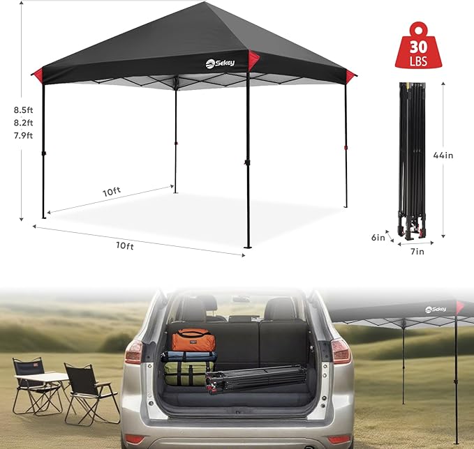 Sekey 10x10 Pop Up Canopy with Pockets Sidewall, One Push Setup Instant Outdoor Gazebo, Instant Easy Up Canopy with UPF50+ Top, 4 Weight Bags for Events, Beach, Patio, Camping