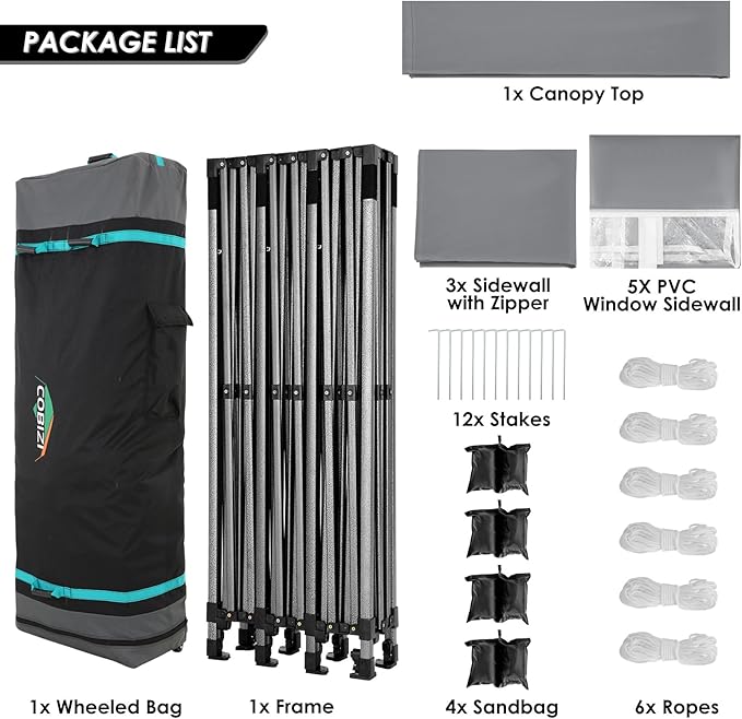 COBIZI 10x30 Pop up Canopy Tent 10x30 Canopy with Sidewalls, Heavy Duty Party Tent Tents for Parties, Foldable UPF 50+ Waterproof Commercial Ez up Canopy with Roller Bag, Grey(Windproof Upgraded)