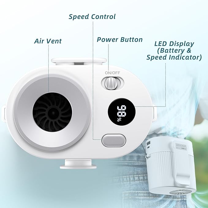 Portable Waist Clip Fan: 20000 RPM Turbo Cooling - Rechargeable 8000 mAh Battery and LED Display - 5 Speed Belt Fan on Shirt for Outdoor/Jobsite/Camping/Travel - White