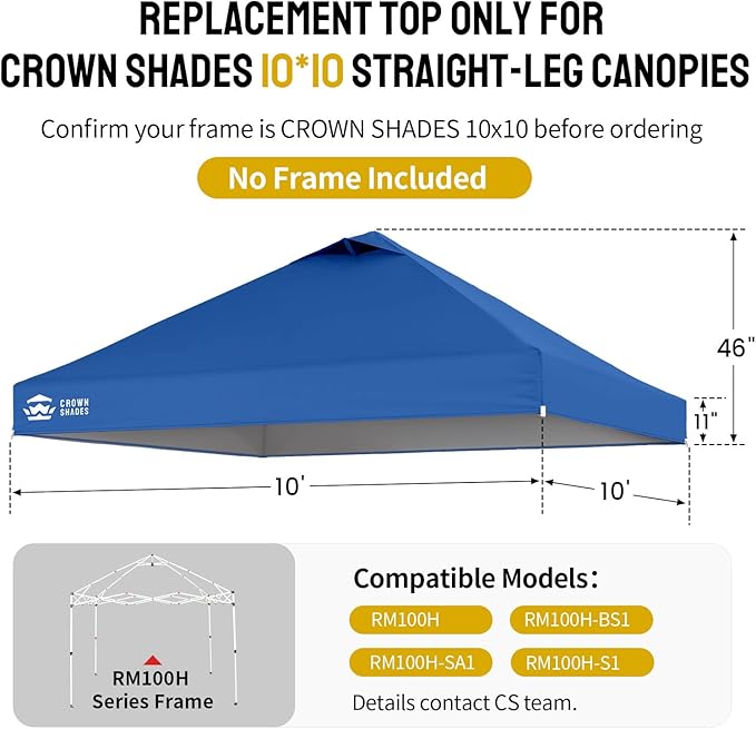 Crown Shades 10x10 Canopy Replacement Top - Only Compatible with Crown Shades RM100H Series, Silver Coated with Air Vent, Blue (Top Only)