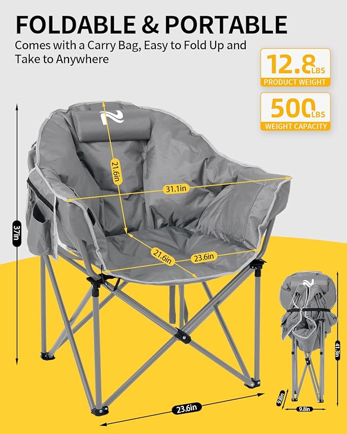 NAIZEA Heated Camping Chair, Oversized Heated Folding Outdoor Chair for Adults with 3 Heat Levels, Portable Foldable Patio Lounge Chair for Sports Outdoors Camp, Battery NOT Included
