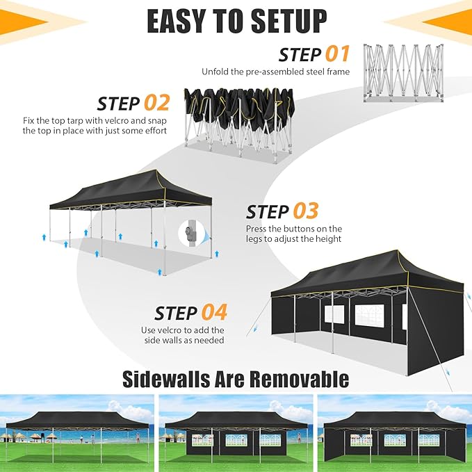 HOTEEL Tents for Parties 10x30 Heavy Duty Pop Up Canopy Tent with 5 Sidewalls&Wheeled Bag, Commercial Event Party Tent Wedding Instant Canopy Waterproof, UV 50+, Upgraded Thicked Hexagonal Legs, Black