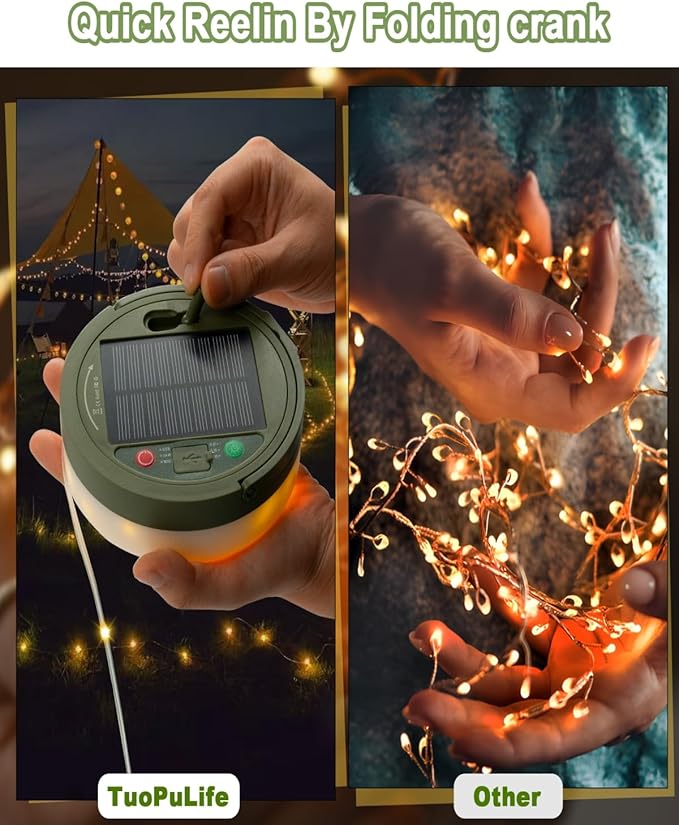 Solar Camping String Lights, 32.8FT Fairy String Lights 130LEDs, 4 In 1 Portable Waterproof Camp Lamp with 8 Mode, Hanging Rechargeable Tent Lantern for Awning Garden Yard Party Christmas Decorations