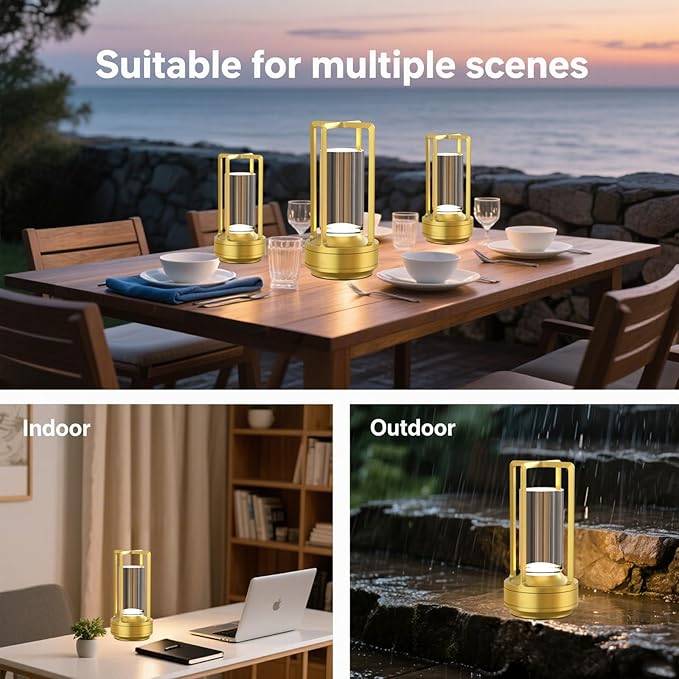 Crystal Lantern Lamp – 4000mAh Rechargeable Battery Operated Cordless Crystal Table Lamp with 3 Colors, Portable Desk Lamp for Indoor & Outdoor Patio, Camping, Restaurant (Gold)