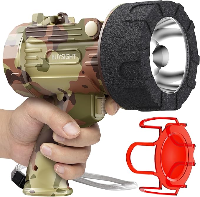 BUYSIGHT Rechargeable Spotlight Flashlight,Super high lumens Hand held Spotlight Waterproof Flashlight Hunting Lamp with red Filter (Camouflage Grey)