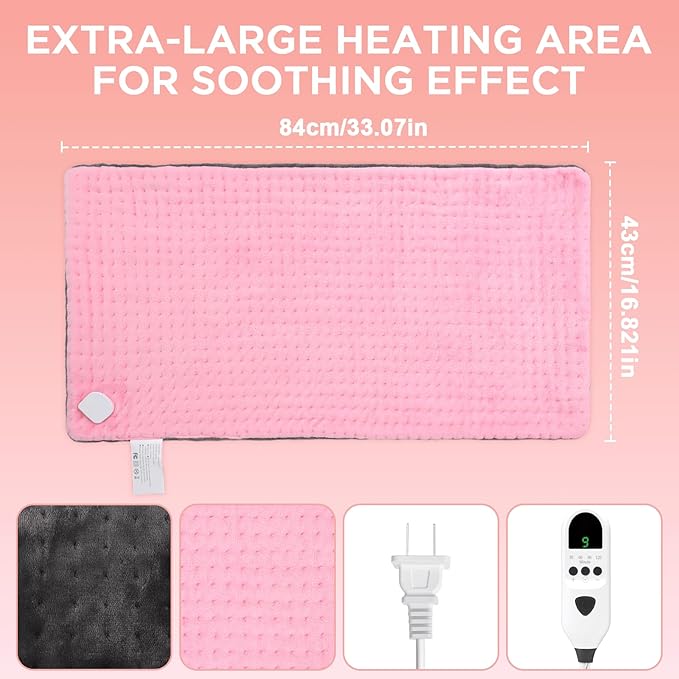 Heating Pad for Back & Period Cramps Relief, Electric Heat Pad for Neck and Shoulder, 9 Adjustable Heat, Machine Washable,Birthday Christmas Gifts for Women Men Mom Dad(Pink+Grey, 17"×33")