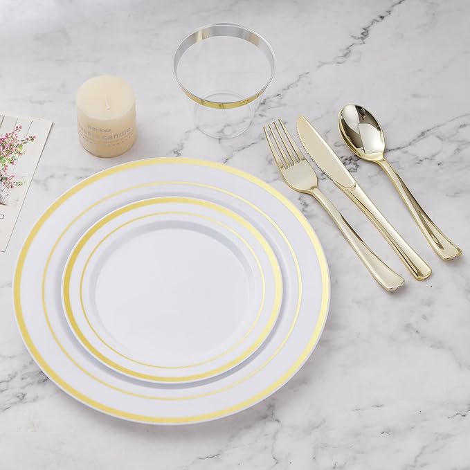 300PCS Plastic Dinnerware Set (50 Guests), Gold Disposable Plates for Party, Wedding, Christmas, Anniversary, Includes: Dinner Plates, Dessert Plates, Cups, Spoons, Forks and Knives