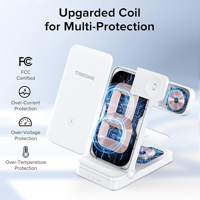 Wireless Charger, Tribone 3 in 1 Foldable Fast Charger for iPhone 16 15 14 13 12 11 Pro Max XR XS 8 Plus,for Multiple Devices,for Apple Watch 10 9 8 7 6 5 4 3 2 SE Ultra,for AirPods Pro 4 3 2 (White)