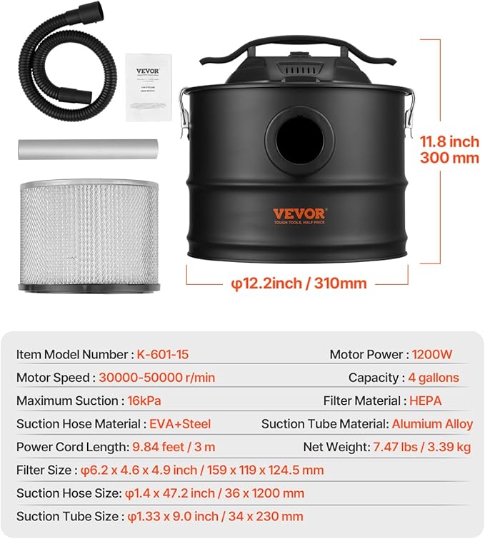 VEVOR Ash Vacuum Cleaner 4 Gallon with 1200W Strong Suction Ash Vac Collector with Wheels and 47.2-in Flexible Hose for Grills Fireplaces Pizza Ovens Log Burner Pellet Stoves Wood Stove