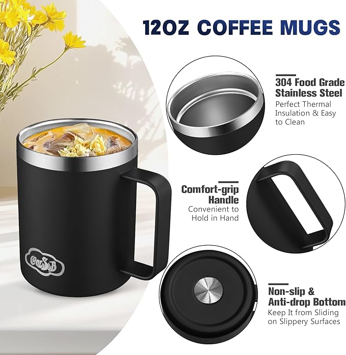 12oz Insulated Coffee Mug with Handle, Stainless Steel Wide Mouth Travel Tumblers with Lid, Double Wall Vacuum Coffee Cup for Camping, Office, Black 4 Pack