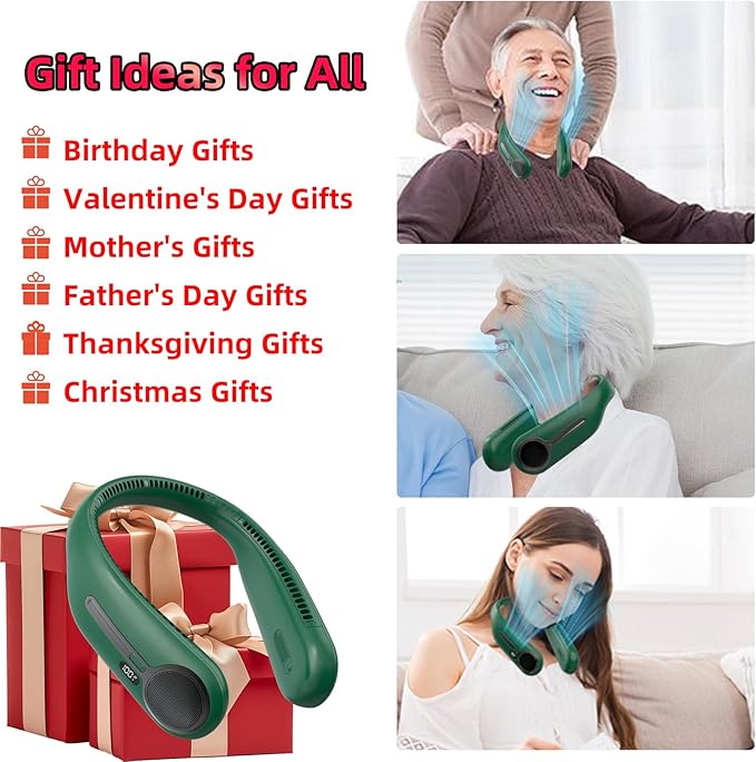 Portable Neck Fan,Gift Ideas,Personal Wearable Bladeless Fan,360° Cooling,LED Display,4-Speeds,6000mAh Rechargeable,Powerful Wind,Outdoor Travel Camping,Birthday Gifts for Men Women (Dark green)