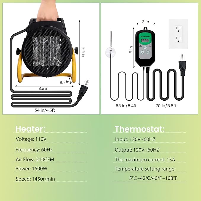 Greenhouse Heater with Thermostat, 1500W, Auto Temperature Control Kit with Digital Display, Fast Heating, Overheat Protection, for Grow Tent, Greenhouse, Flower Room, Patio, Winter Plants, YW