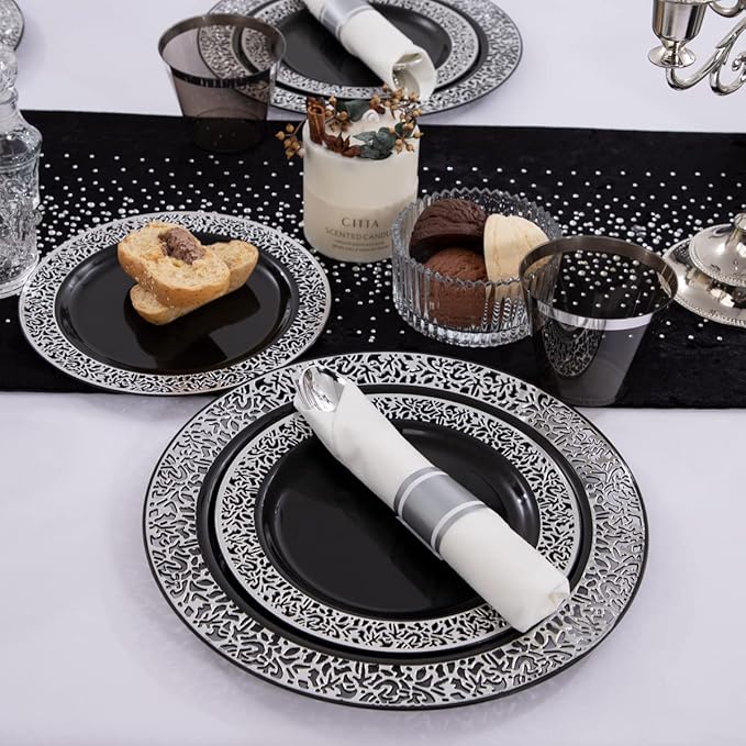 NOCCUR 210PCS Black and Silver Dinnerware Set for 30 Guests - Black Plastic Plates with Silver Rim Include 30 Dinner / 30 Dessert Plates, 30 Prewrapped Silverware, 30 Cups Ideal for Party, Halloween