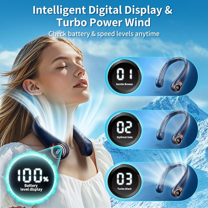 Portable Neck Fan with 6000mAh USB - Rechargeable Battery, 360° Cooling Wearable Fan, 3 Speeds, Ultra-Light Bladeless Neck Fan LED Display (Blue)