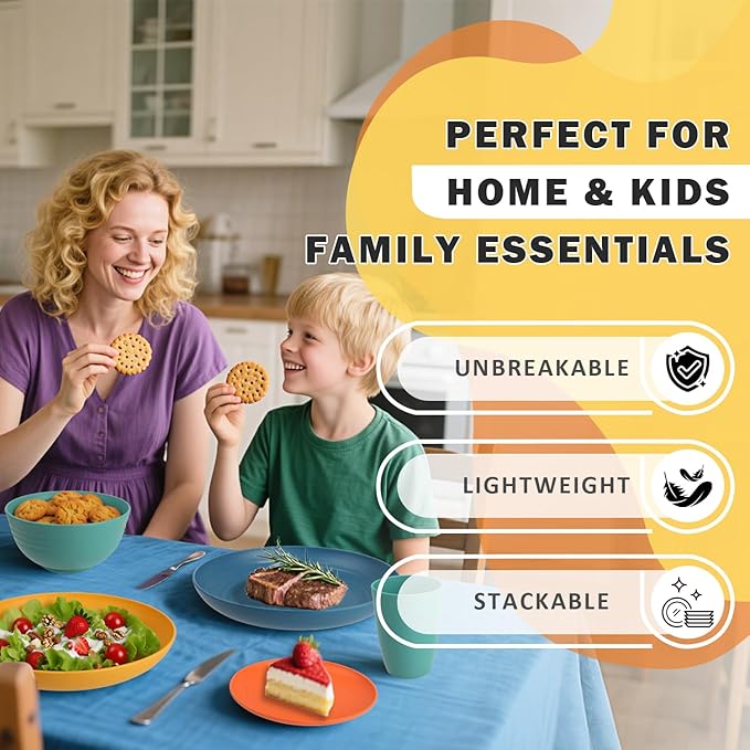 Wheat Straw Dinnerware Sets, Plates and Bowls Sets Unbreakable & Microwave Safe - 32 Piece Service for 8 Dinner Plate Dessert Plate Cereal Bowl Cup for Kitchen & Outdoor - Multi