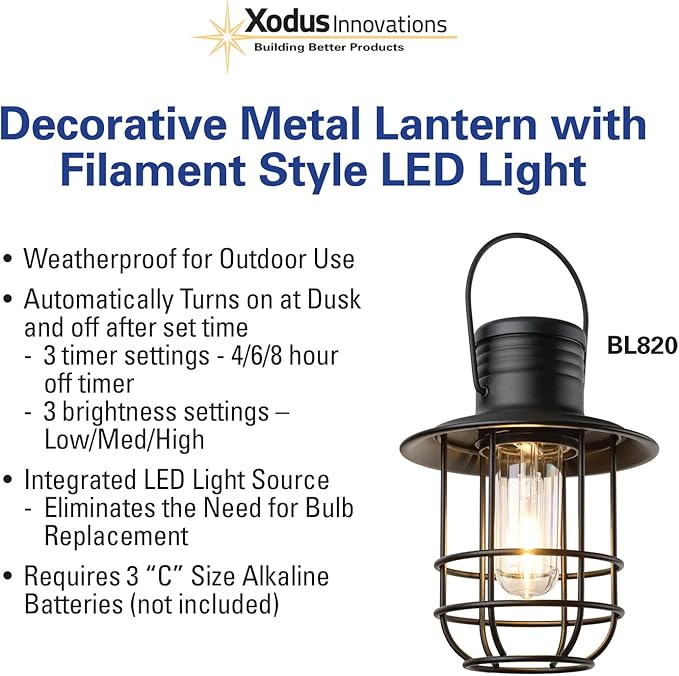BL820 Battery-Operated LED Filament Style Lantern Outdoors Either Hanging or Standing, with Your Choice of 4, 6 or 8 Hour Automatic Timer