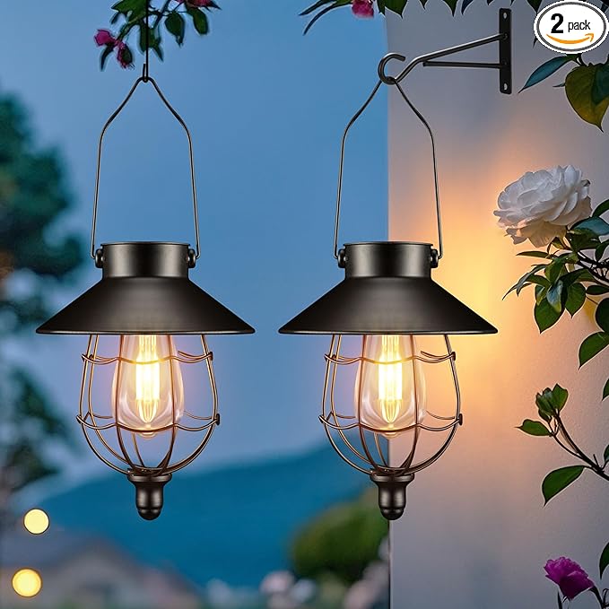 Solar Lanterns Outdoor Hanging Metal Vintage Lantern Warm White Solar Lights lamp Waterproof Edison Bulb Design for Pathway Garden Patio Yard Tree Decoration (2 Pack Black)