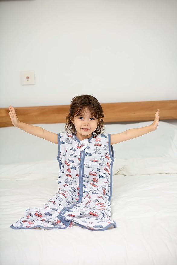 Baby Sleep Sack 12-24 M Baby Wearable Blanket 100% Organic Cotton 0.5 TOG Toddler Sleep Sack 2-Way Zipper Soft Large 4 Layers 1-2 T Car