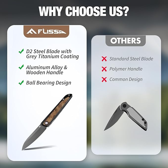 FLISSA Pocket Knife, Folding Knife with D2 Steel Blade, Liner Lock, Aluminum Alloy & Wooden Handle, Ball Bearing and Pocket Clip for EDC, Camping, Hiking, Outdoor Activities