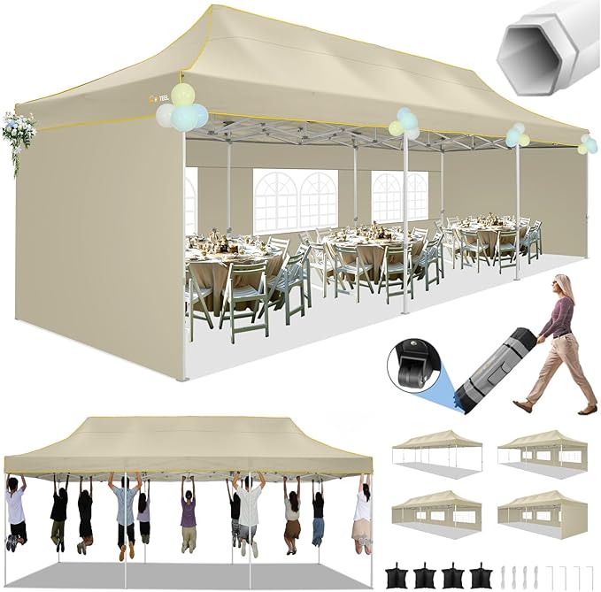 HOTEEL Tents for Parties 10x30 Heavy Duty Pop Up Canopy Tent with 5 Sidewalls&Wheeled Bag, Commercial Event Party Tent Wedding Instant Canopy Waterproof, UV 50+, Upgraded Thicked Hexagonal Legs, Khaki