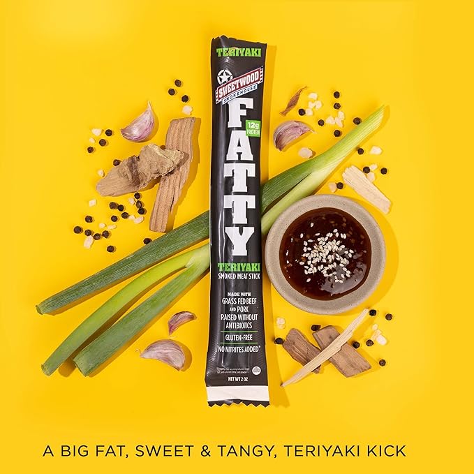 FATTY Meat Sticks, Made with Grass Fed Beef, Pork Raised Without Antibiotics, 12g Protein Per Stick, Teriyaki, 2 oz. (Pack of 20)