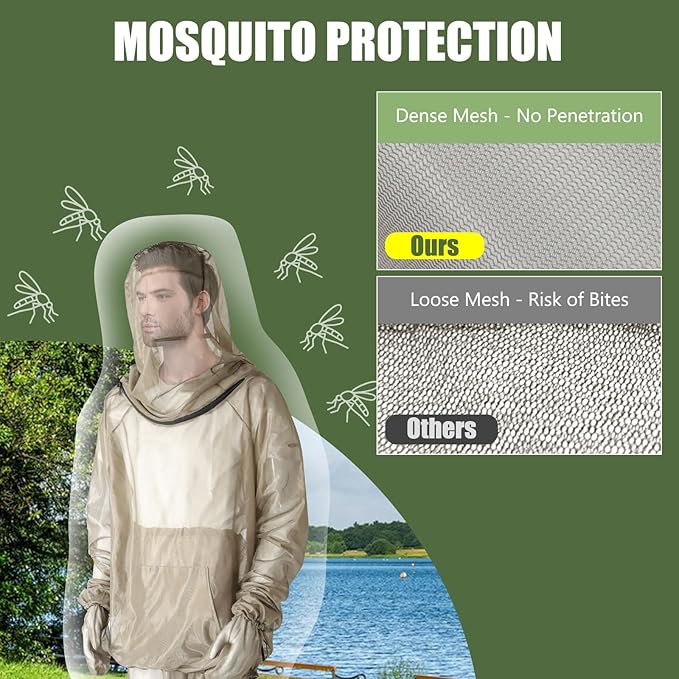 2-Piece Net Suit L/XL, Zippered Hood Jacket & Gloves Set, Thickened Breathable Mesh, Adjustable Fit for Upper Body Protection, Unisex Lightweight Outdoor Gear for Camping, Fishing, Hiking, Gardening