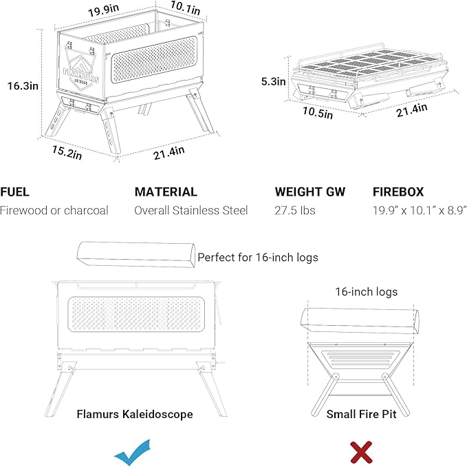 20-Inch Smokeless Fire Pits for Outdoor - Portable & Easy to Assemble - Stainless Steel FirePit with Grill, Removable Ash Pan & Carry Bag. Ideal for Camping Backyard, Patio Garden Picnic BBQ