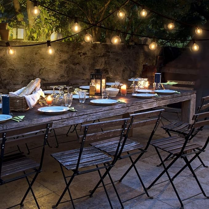 Abeja Outdoor String Lights, 25Ft G40 Globe LED Patio Lights with 27 Edison Plastic Bulbs(2 Spare), Hanging Patio String Lights for Backyard Porch Balcony Party Decor, E12 Socket Base, Black