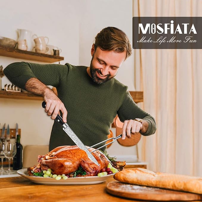 MOSFiATA 8" Carving Knife & 7" Fork Set - Premium Meat Cutting Knife, German High Carbon Stainless Steel EN.4116 BBQ Knives for Slicing Meats, Fruits & Vegetables