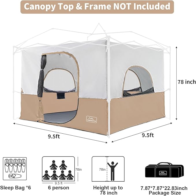 KAMPKEEPER Camping Inner Tent for Pop Up Canopy, Converts 10'x10' Straight Leg Canopy into Camping Tent–Fully Vented Roof(Top & Frame NOT Included), Khaki