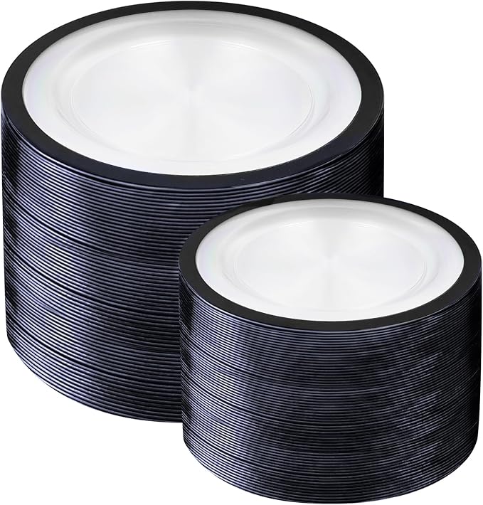 U-QE 200 Pcs Clear and Black Plastic Plates - Black Plates Disposable for Party - Include 100 Dinner 10'' & 100 Dessert 7'', Perfect for Halloween Party & Wedding (Heavyweight)