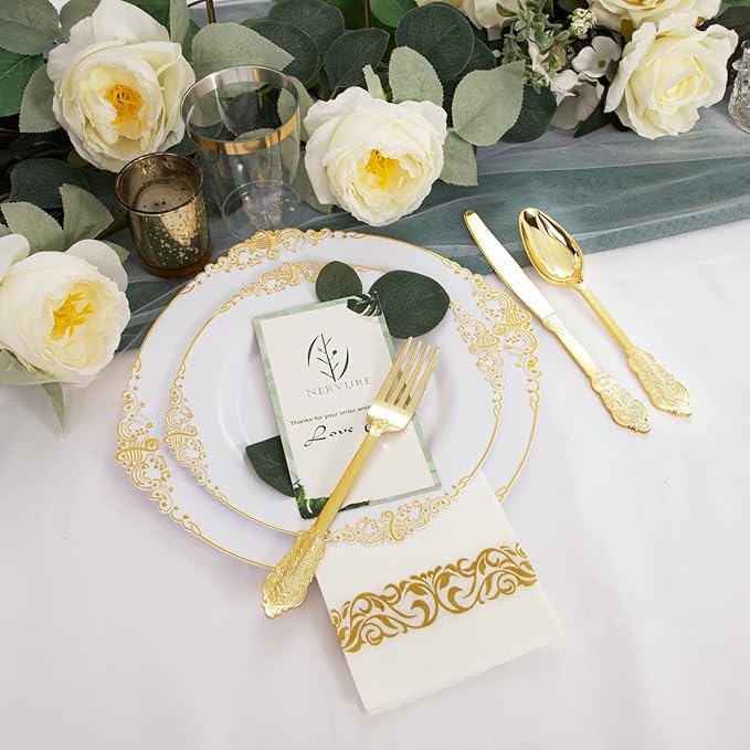 Nervure 175PCS White and Gold Plastic Plates - Disposable Dinnerware Set Include 50 Gold Plates for Dinner and Dessert, 75 Cutlery, 25Cups 25Napkins for Wedding & Party & Thanksgiving