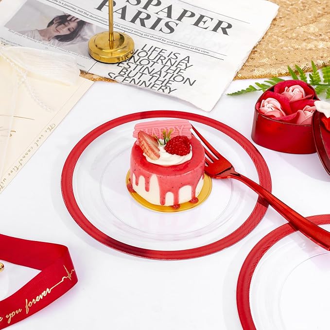 U-QE 200PCS Red Plastic Plates - Clear Red Plastic Plates Disposable Heavy Duty - Include 100 10" Dinner and 100 7" Dessert Platos for Party