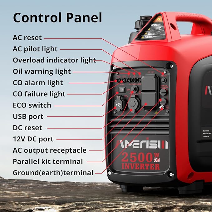 2500-Watt Inverter Generator, Super Quiet & Lightweight Gas Powered Generator, CO Sensor, RV Ready Parallel Capable, Long Run Time for Camping, Tailgating and Home Use