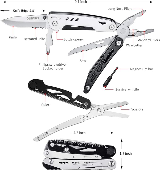 Multitool Pocket Knife for Men, Tactical Multi Tool Saw, Screwdriver kit, Flint with Nylon Pouch, Detachable Large Scissors for Camping, Hunting