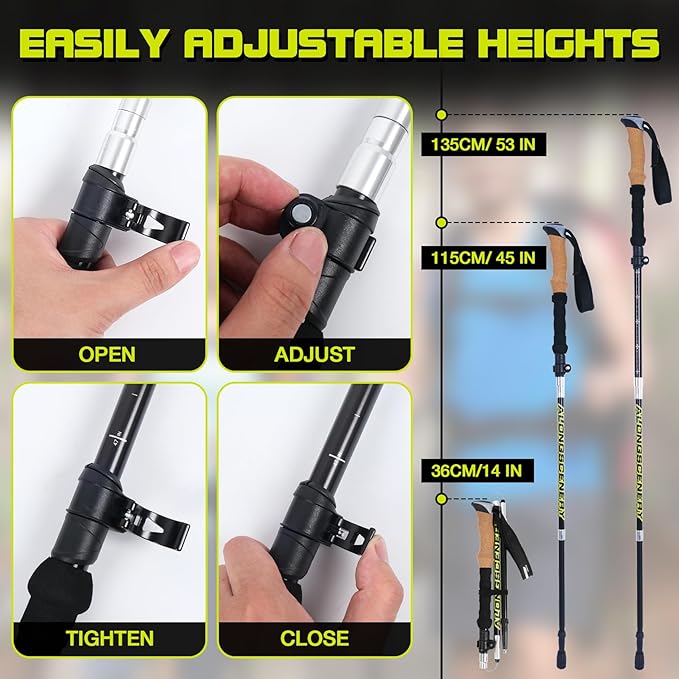 Collapsible Trekking Poles for Hiking-Lightweight Adjustable Walking Sticks with 7075 Aluminum,Anti-Shock,Quick Lock&Cork Grips for Men/Women, Camping, Backpacking, Mountaineering, 2 Pcs
