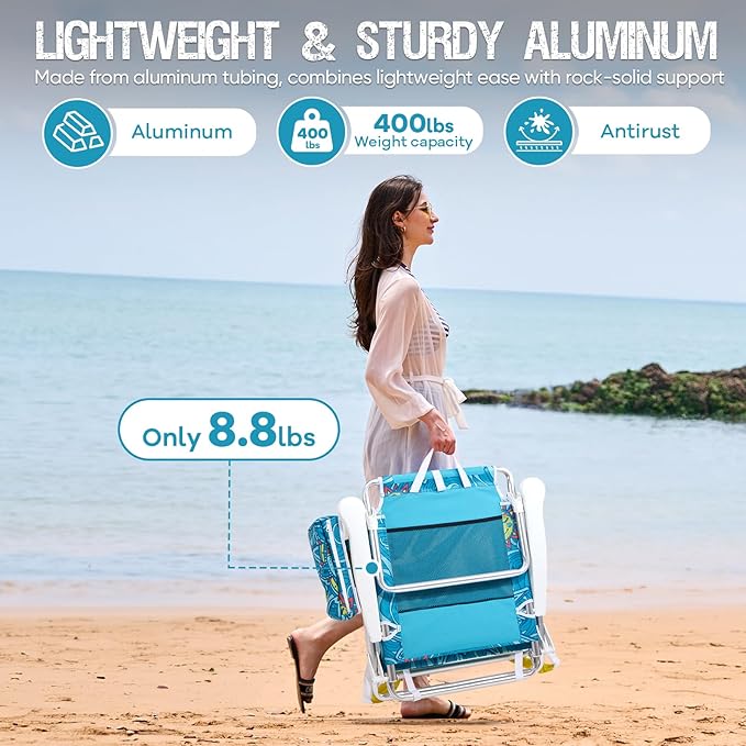 Reclining Beach Chair Backpack 5-Position Lay Flat Lounge Chair for Adults Heavy Duty Portable Folding Lightweight with Cooler Bag Camping Chair for Sand Outdoor