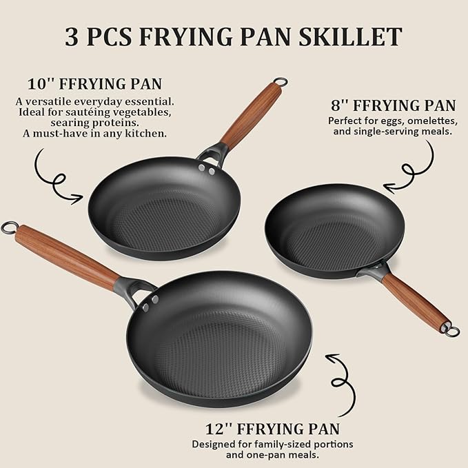 YUTANN Non Stick Frying Pans Set - 8, 10 & 12 Inch Cast Iron Skillets, Pre-Seasoned Diamond Texture Bottom for Oil-Saving Cooking, PFAS/PFOA Free, Detachable Handles, Induction & Oven Safe