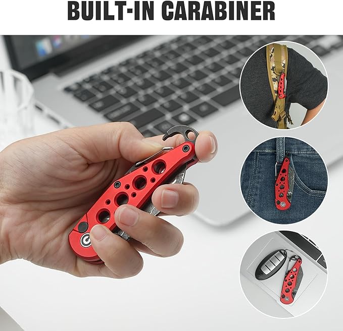 CIVIVI Pragma Folding Knife, Pocket Knife Multitool with EDC Carabiner, Bottle Opener, 2.2" Damascus Blade Aluminum Handle, Ideal Gift for Men Women C23062B-DS1 (Red)