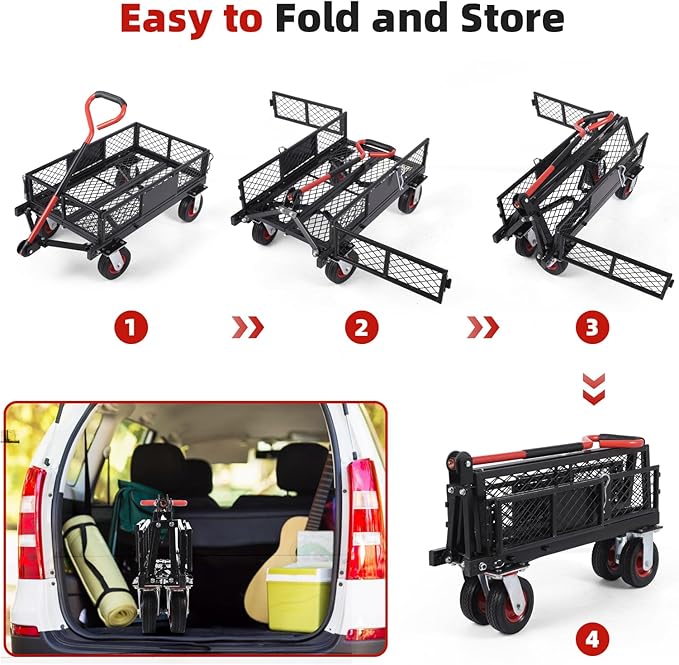 Collapsible Foldable Steel Garden Cart 360lbs, Heavy Duty Folding Utility Wagon Cart w Removable Mesh Sides, All-Terrain Wheels & 180° Rotating Handle for Camping Shopping