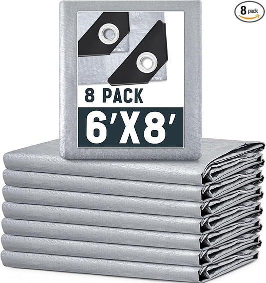 8 Pack 6 x 8 ft 5.5 Mil Large Tarps Heavy Duty Waterproof Tarp Multi Purpose Tent Cover for Home Boats Cars Camping Patio Furniture Roof Emergency Rain Protective Cover, Silver