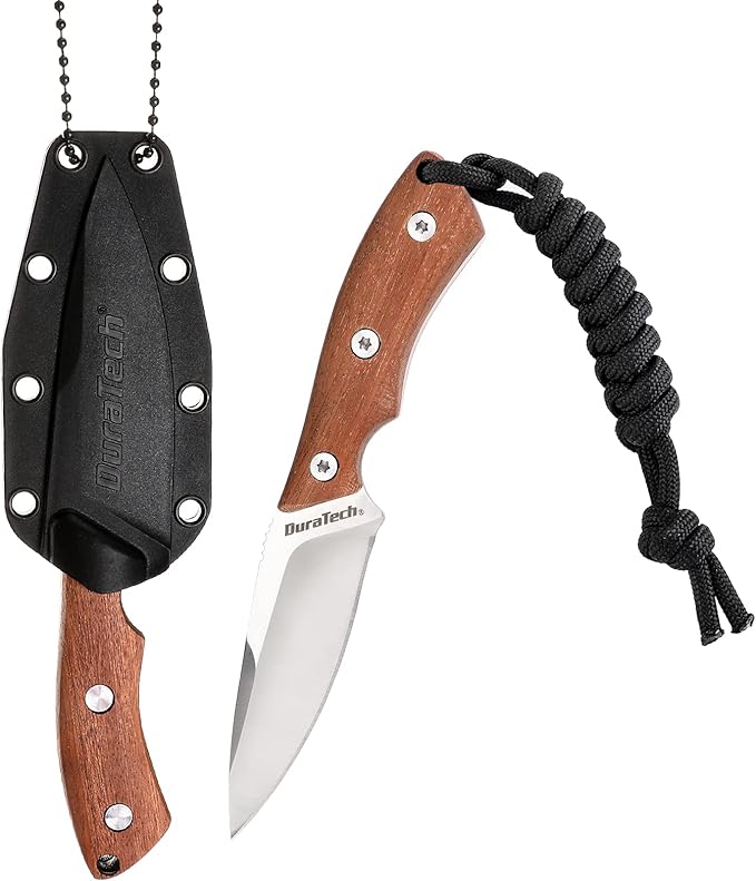 DURATECH Compact Fixed Blade Knife, 6-inch Neck Knife, 3-inch Blade, Full Tang, Wood Handle with Molded Sheath, Necklace and Paracord included, for EDC, Outdoor, Camping, Hiking