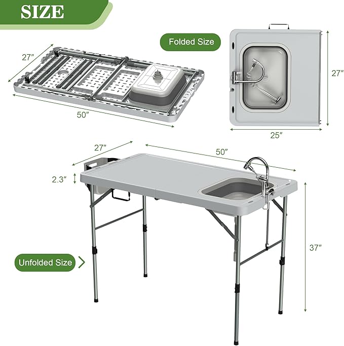 Foldable Fish Cleaning Table, Portable Camping Table with Sink & Measurement Markers with Faucet & Spray Gun for Camping, Patio, Kitchen, RV & Beach