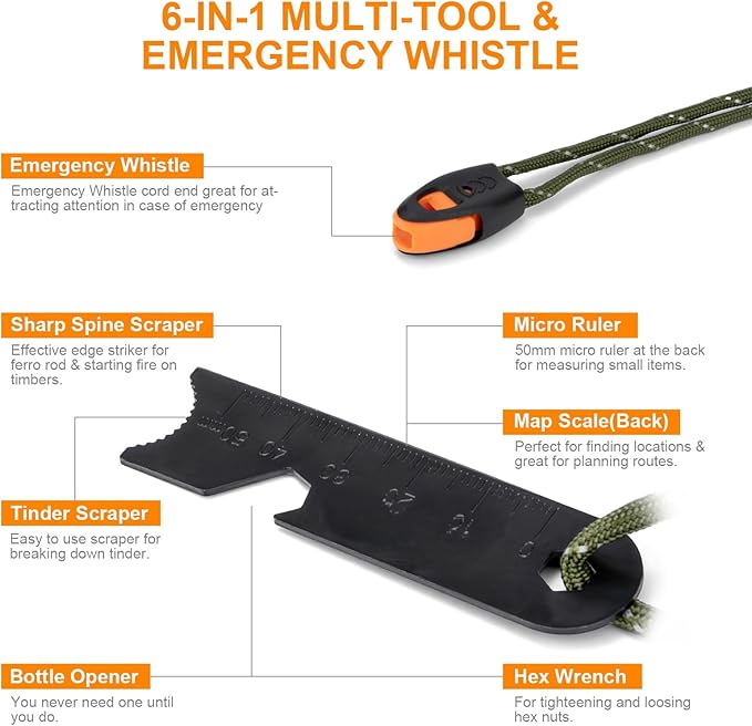 Fire Starter Survival Tool - Handmade Wooden Handle 3/8"" Thick Ferro Rod with Striker and Umbrella Rope Waterproof Iron Rod Flint and Steel Fire Starter Kit, Black