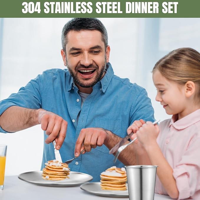 Jinei 304 Stainless Steel Dinnerware Set 10 Inch 7 Inch Stainless Steel Plates Bowls Cups Forks Spoons and Knives Sets Reusable Metal Camping Dinnerware for Home Outdoor Picnic Kitchen