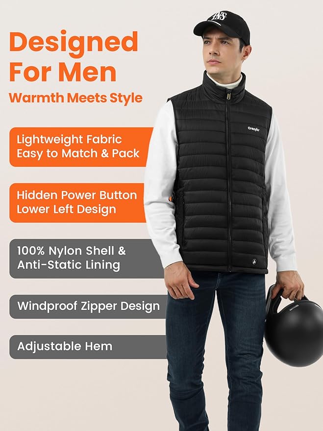 Heated Vest Men,Lightweight Quilted Electric Vest With Battery Pack Included,Rechargeable Black insulated heat Jacket