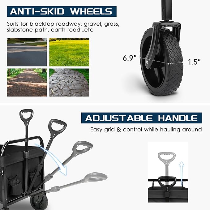 Large Collapsible Wagon Foldable for Grocery, Beach, Park, Yard, 34 x 18 Inch Inner Storage. Folding Utility Shopping Cart on Wheels. Heavy Duty, Durable w/Cupholders (Black)